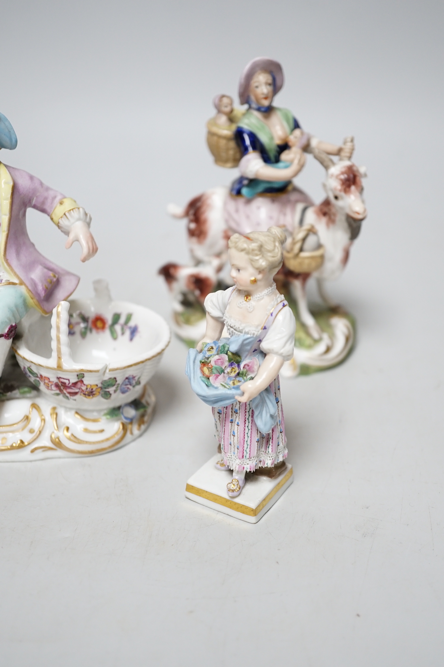 A pair of 19th century Derby figures, a pair of Meissen figures and another, tallest 13cm